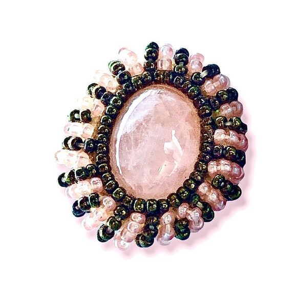 Vtg natural rose Quartz cab with pink and ab green glass beads round pierced - Picture 3 of 12